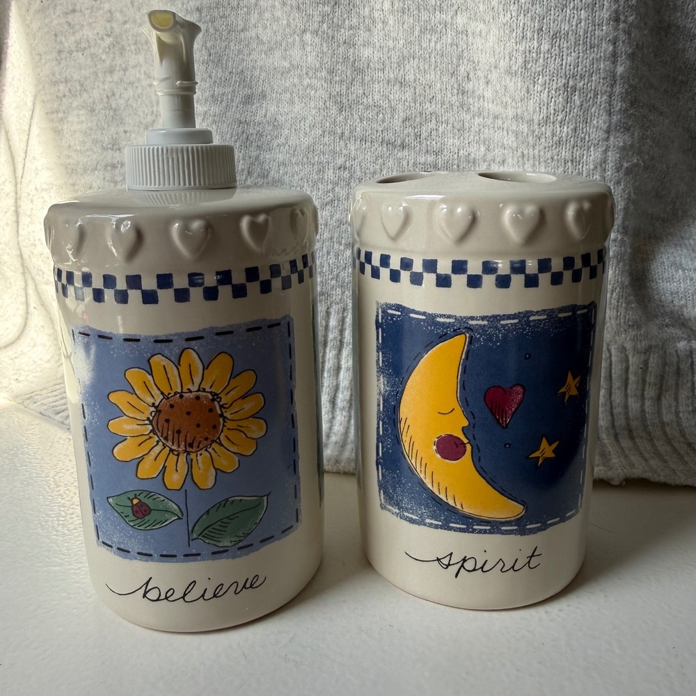 Favorite Things Ceramic Soap Dispenser Toothbrush Holder Set Cat Moon Sunflower - Picture 3 of 6